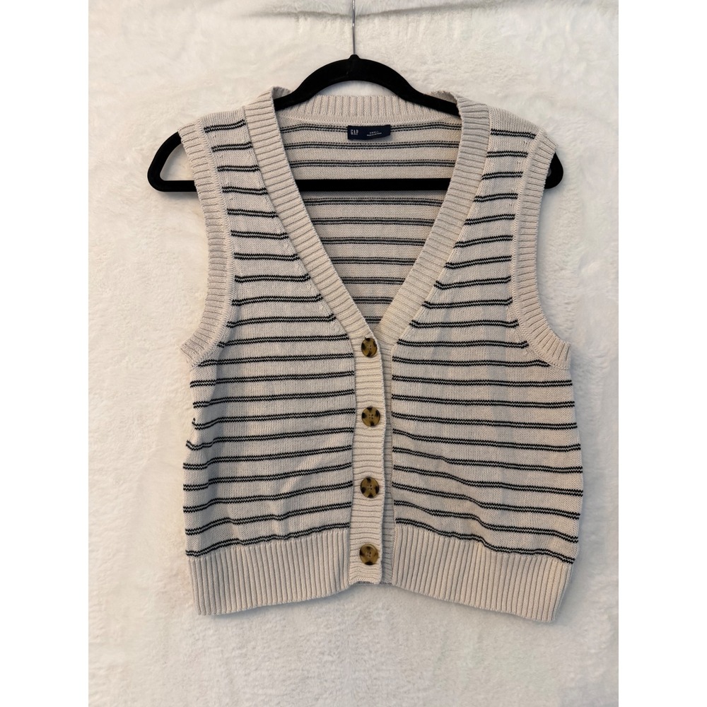 GAP Womens Small Linen Blend Button Front Sweater Vest Striped Ivory Black SP24